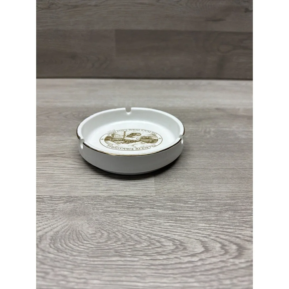 VTG Antique White Porcelain Ashtray W/Gold Trim 